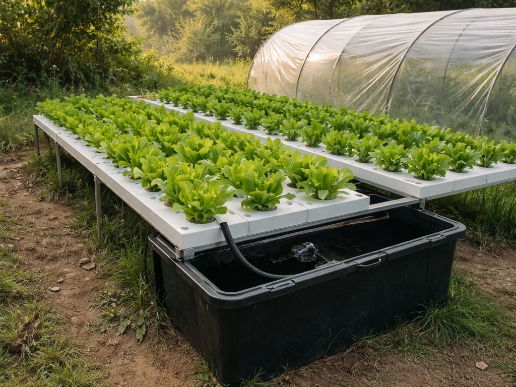 Thriving leafy greens growing in an outdoor hydroponic channel system with canopy protection and reservoir visible.