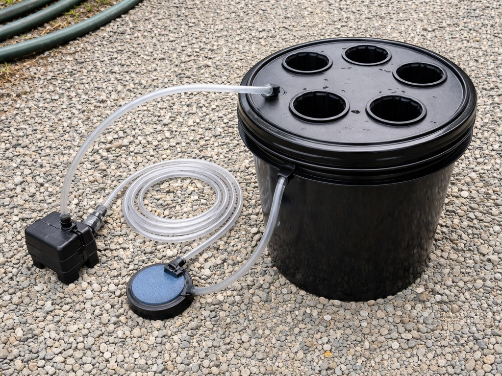 Weather-ready DWC/bucket hydroponic setup outdoors with reservoir, pump, tubing, and net pots