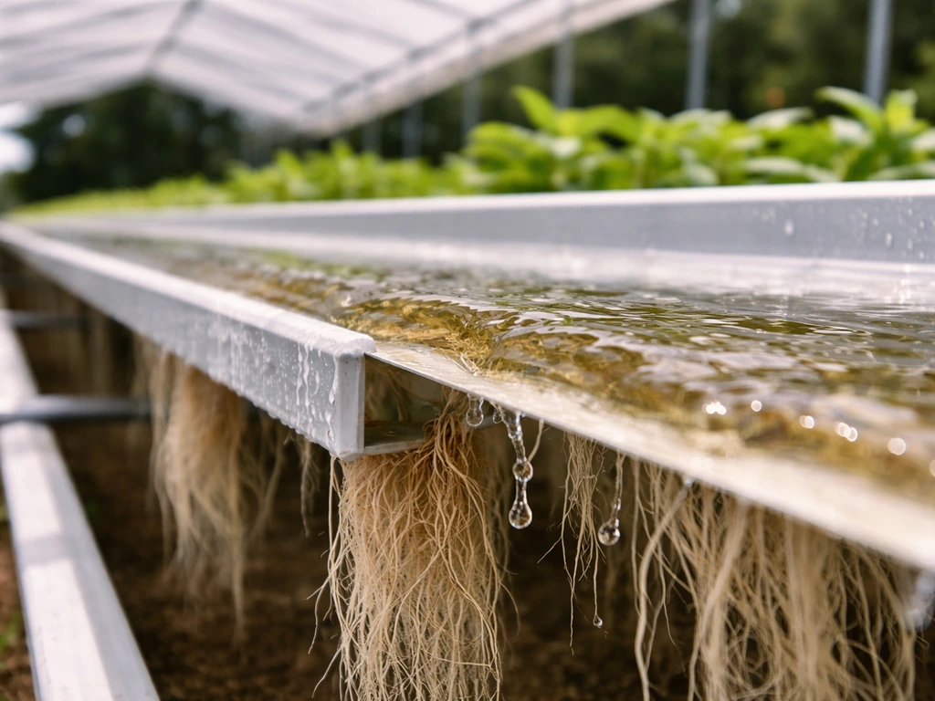Close-up of an outdoor NFT channel with clear nutrient solution flowing over exposed roots.