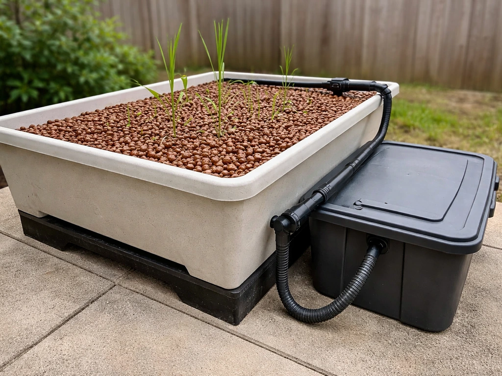 Outdoor media-bed hydroponic system with expanded clay grow media, flood-and-drain lines, and reservoir