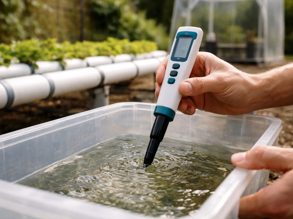 Hand holding a pH/EC meter over an outdoor hydroponic reservoir, checking nutrient solution