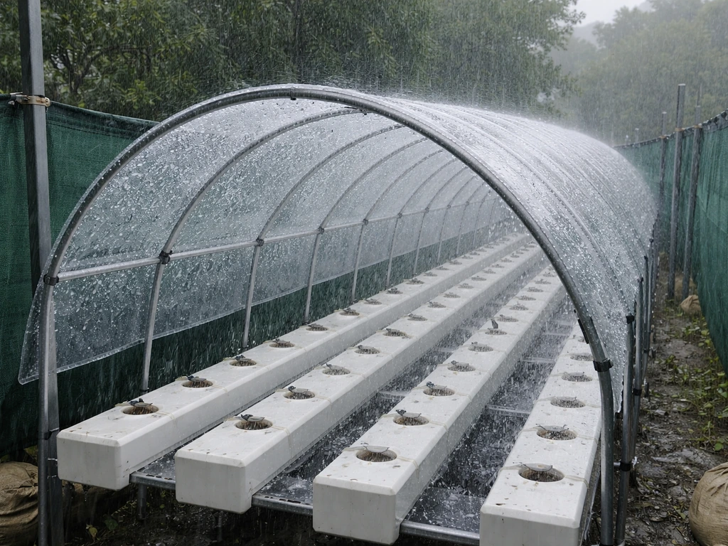 Outdoor hydroponic channels under a clear polycarbonate cover with stakes and wind barriers in rain.