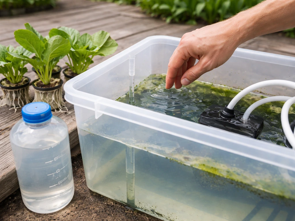 Close-up of hydroponic plant roots and a small reservoir with water-level marks, showing maintenance focus.