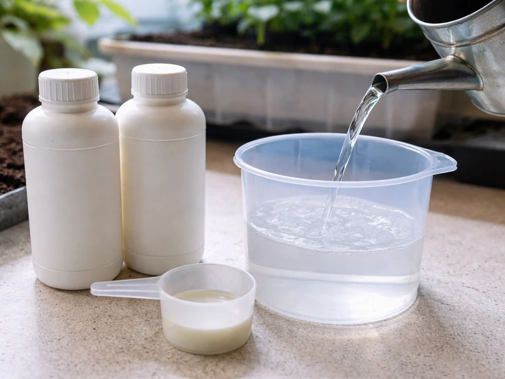 Close-up of fertilizer bottle and measuring scoop over watering can, showing at-home mixing and dosing.
