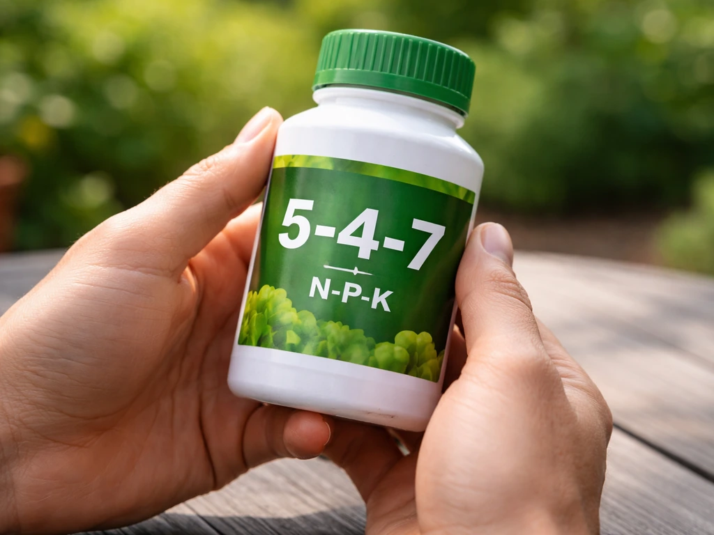 Hands holding a fertilizer bottle close-up with the 5-4-7 NPK ratio visible on the label.