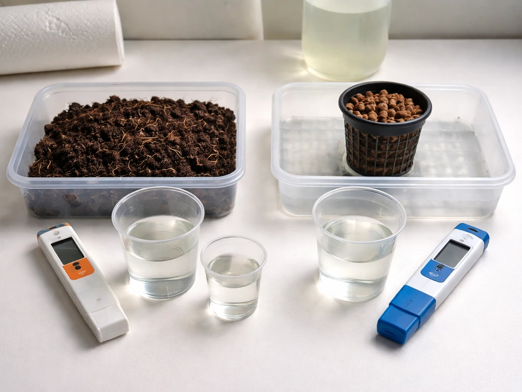 Two small grow trays side-by-side with separate fertilizer measuring setups for soil/coco and hydroponics.