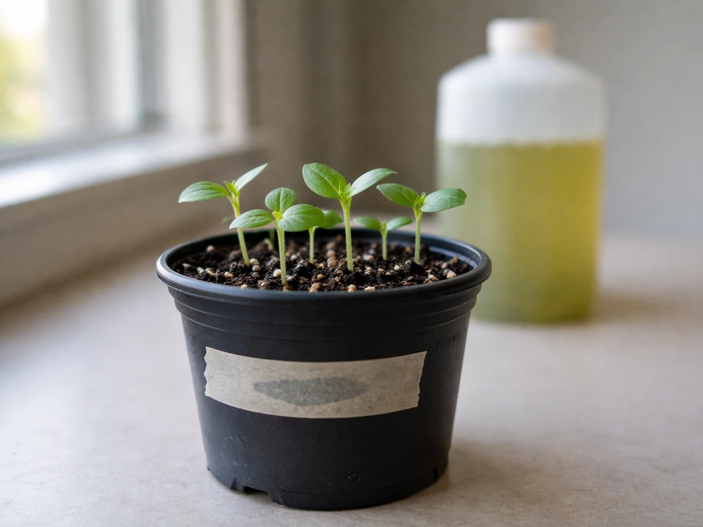 Small green seedlings in a pot with a reduced-dose feeding note on the side, nutrient jug out of reach