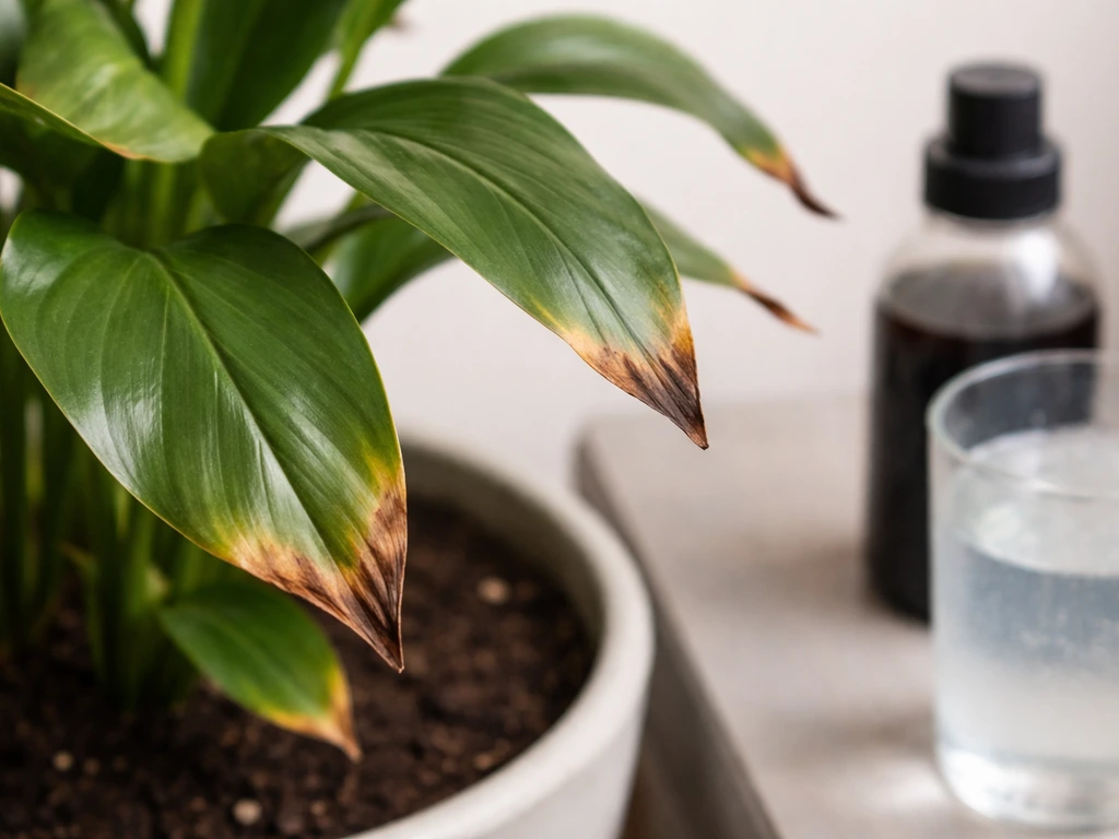 Close-up of plant leaf tips with brown crispy burn, beside generic dosing bottle and water flush setup.
