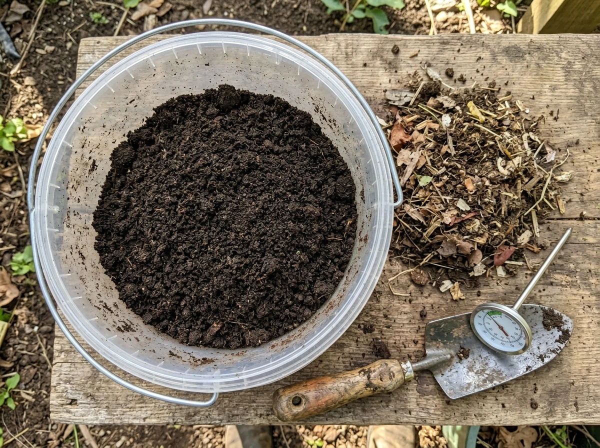 Dark finished compost compared with lighter, unfinished compost