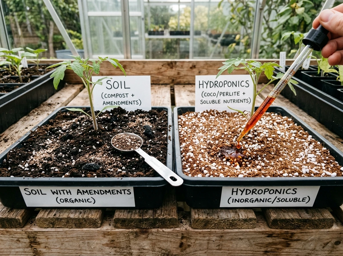 Soil vs hydroponics nutrient setup shown in two trays