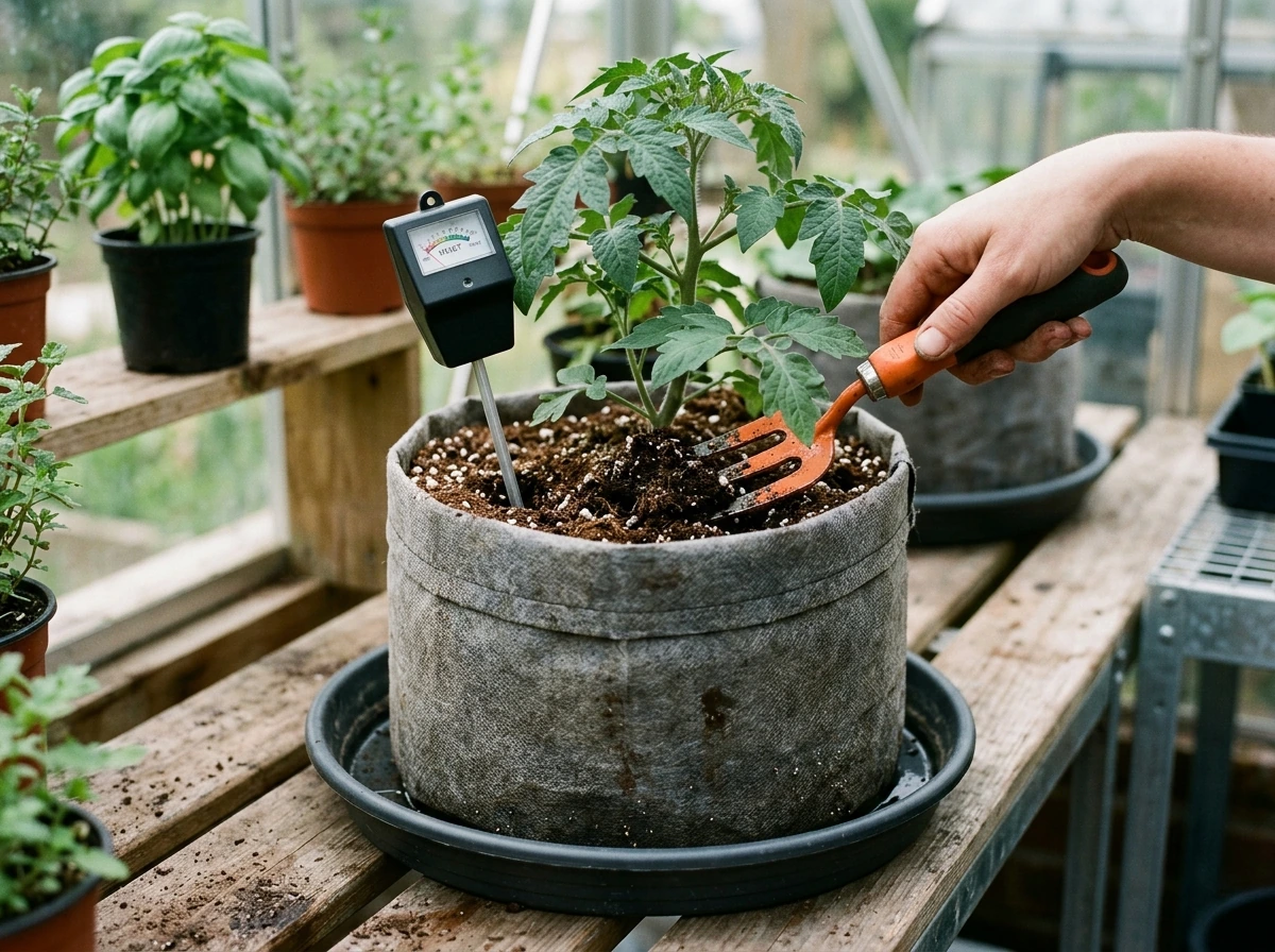 Fabric grow bag with loosened top layer and moisture probe