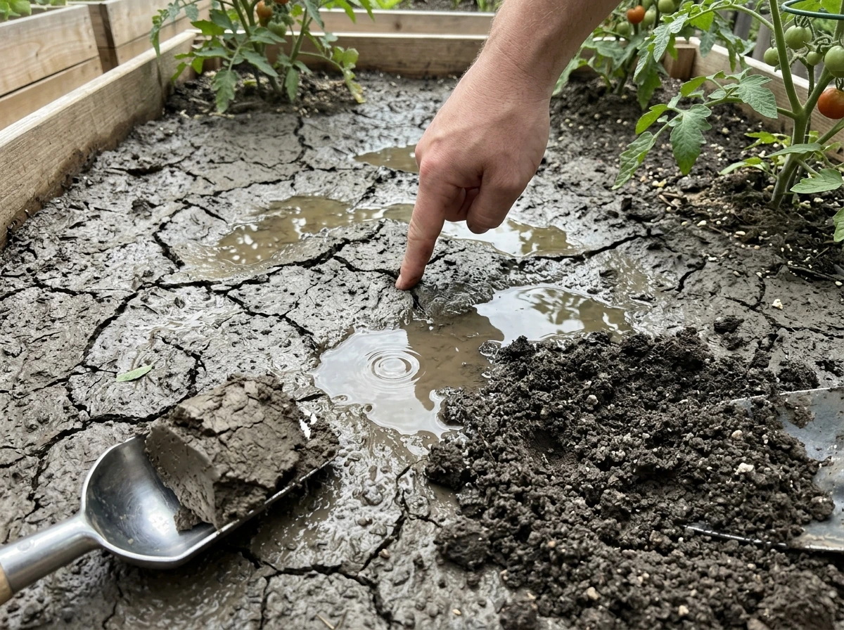 Water pooling on compacted soil in a container