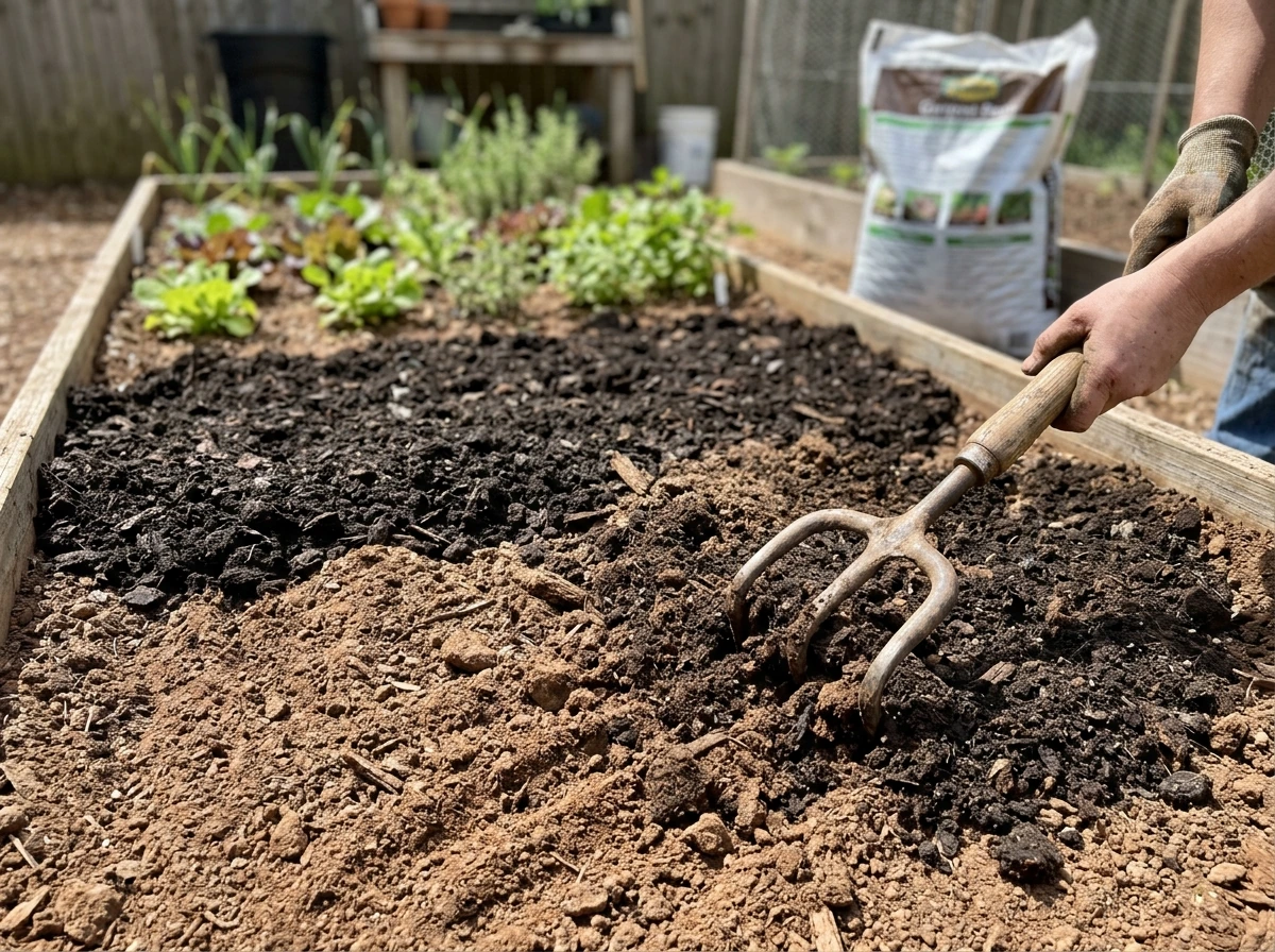 Working compost into garden soil to improve organic matter