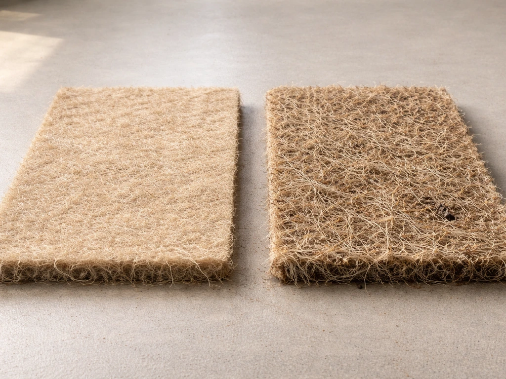 Two hemp hydroponic grow mats side by side: one clean and reusable, one deeply root-woven and messy.