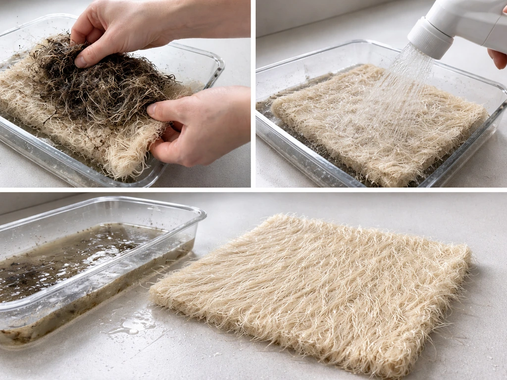 Hands removing fibrous roots from a hydroponic mat, then rinsing and laying it flat to dry