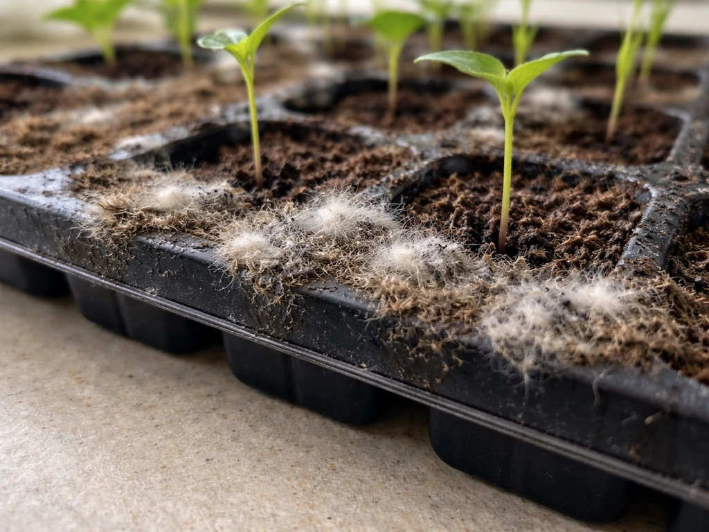 Close-up of a seedling tray mat with small white gray fuzzy mold growth at the surface near seedlings