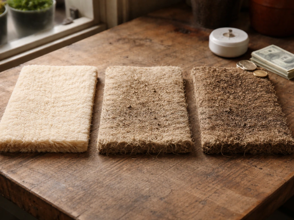 Three hemp grow mat sections showing fresh, lightly worn, and worn stages beside a timer and coins.