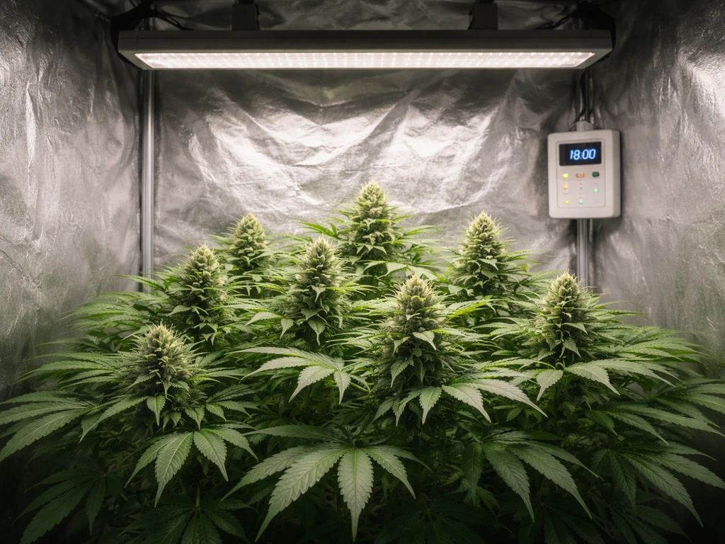 Autoflower plants in an indoor grow tent under a controlled 12/12-style lighting setup, timer visible