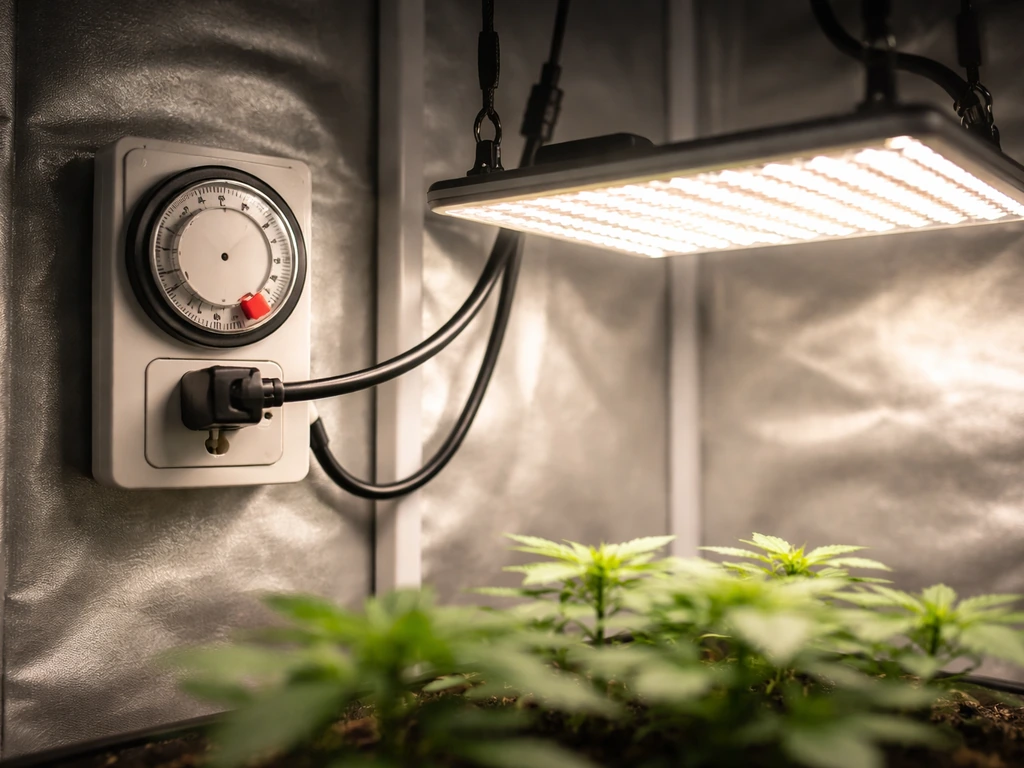 Close-up of an LED grow light and a mechanical timer control set for a 12-on/12-off cycle.