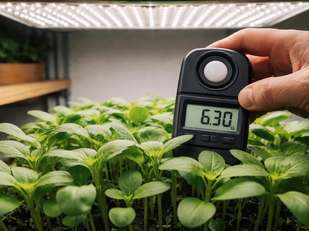 Seedlings under an LED panel with a handheld light meter at canopy level to gauge light intensity.