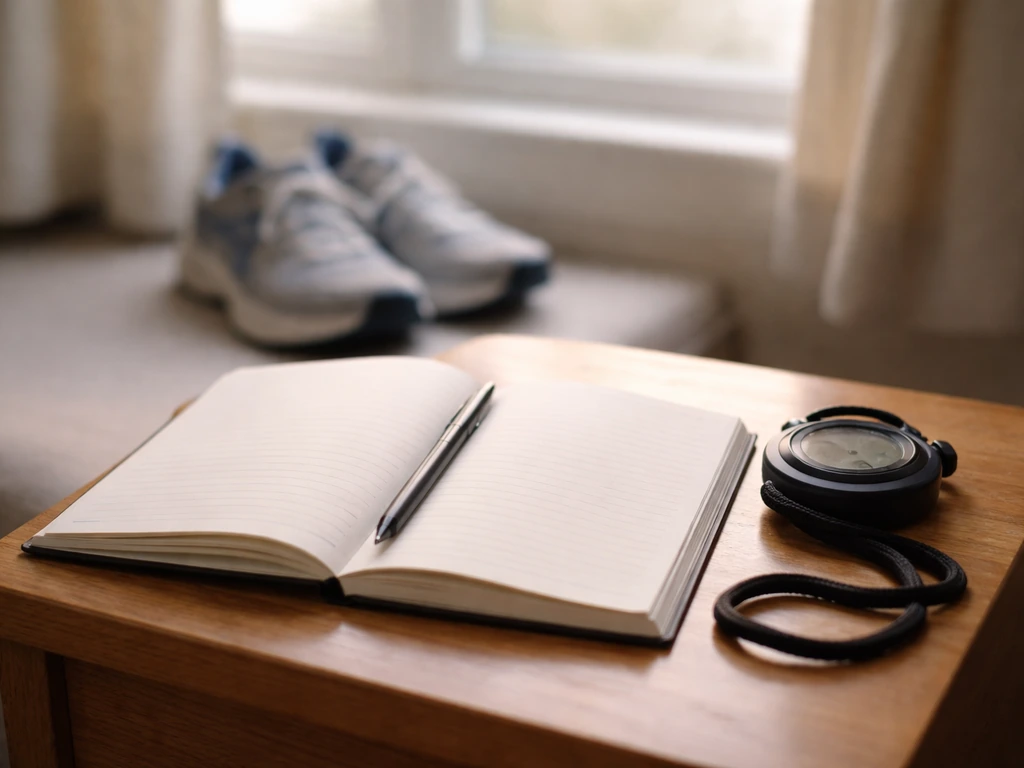 Minimal bedside setup with an open notebook, stopwatch, and running shoes in natural light.
