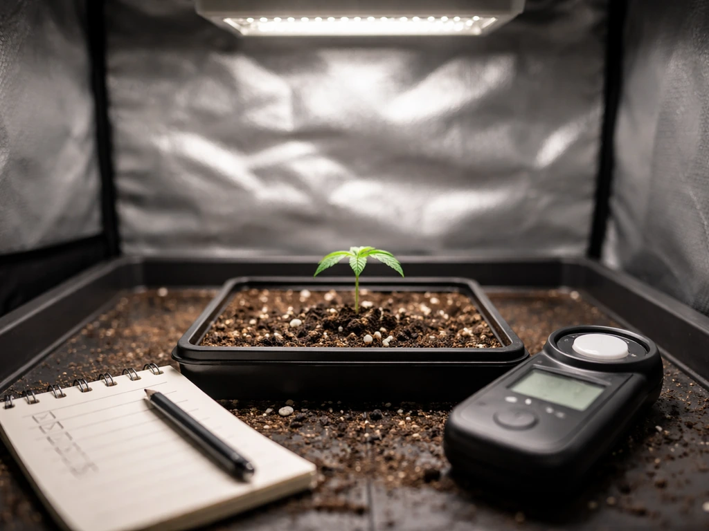 Auto seedling in a small grow tent beside a simple checklist notepad, highlighting slow early growth.