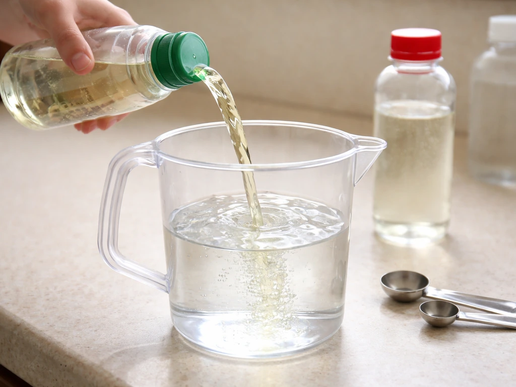Close-up of two nutrient bottles being shaken and poured into a mixing jug in the correct order.