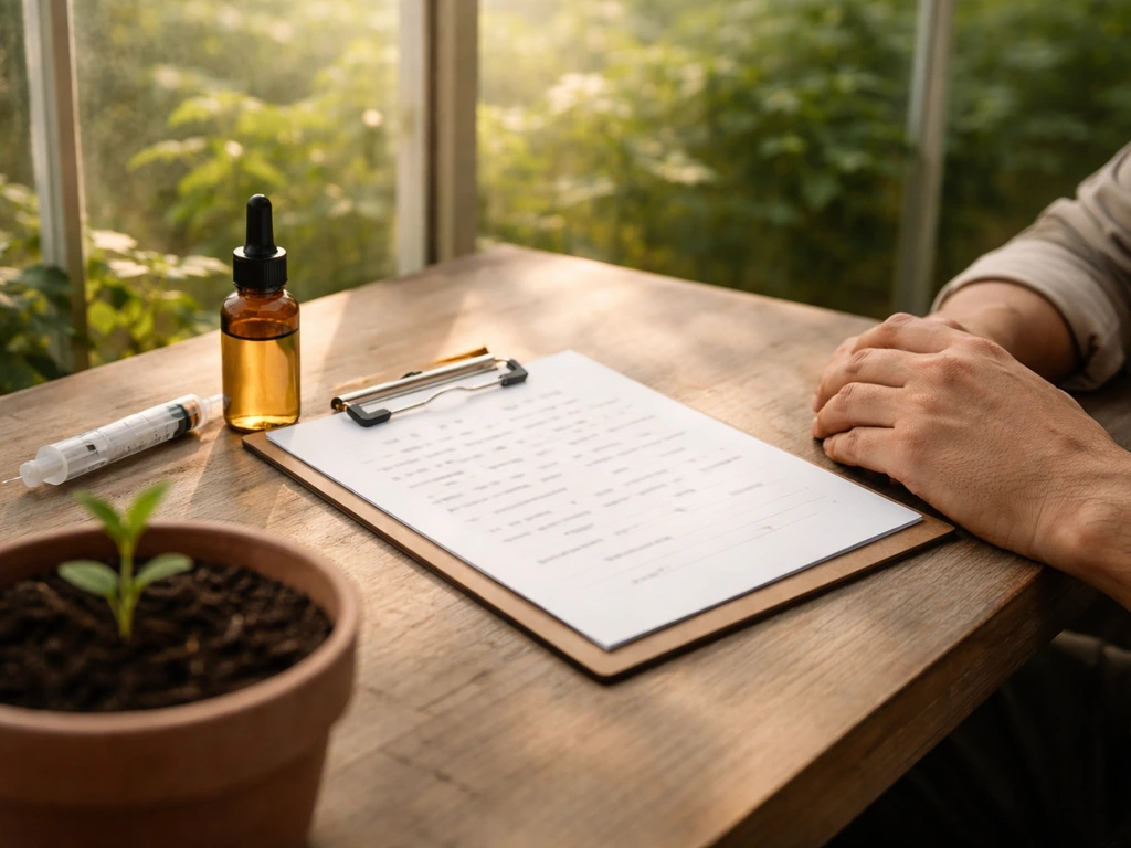 Minimal tabletop scene with gardening supplies and a clipboard showing a schedule-style layout without readable text.