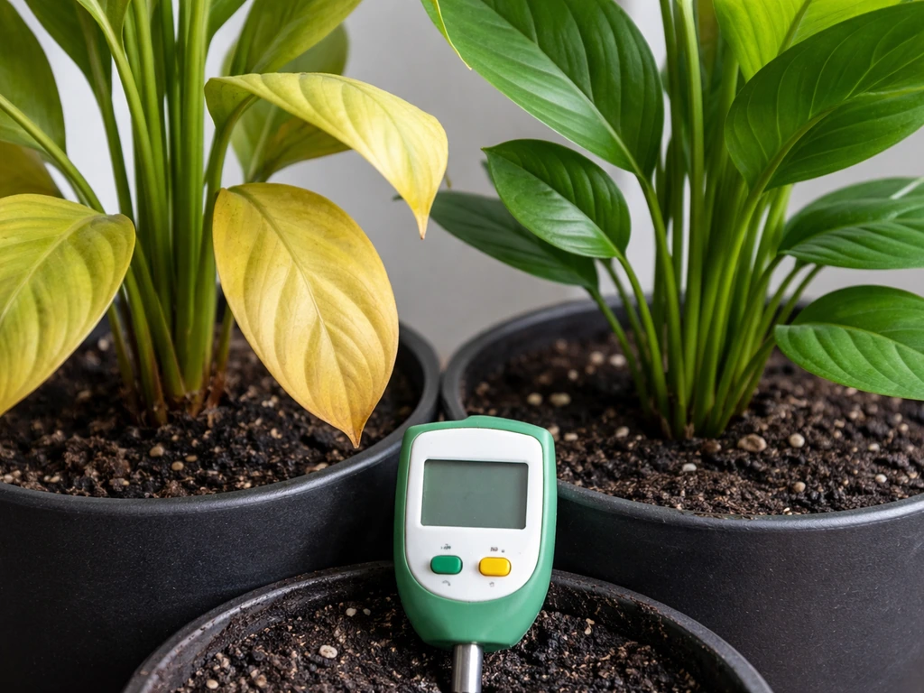 Close-up of pale yellow lower leaves beside healthy green leaves in pots with damp soil and a small pH meter.