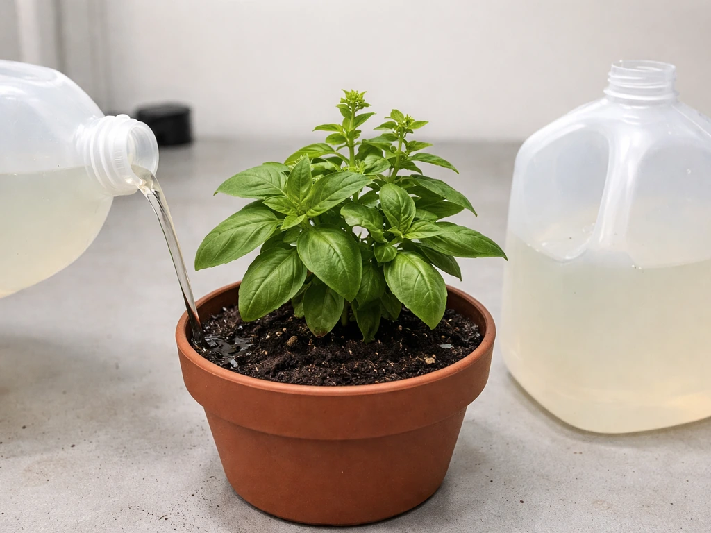 Closeup of two watering jugs and soil—one pour for leafy growth and one for flowering support, symbolic.