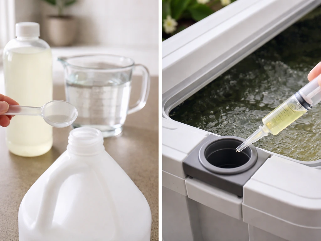 Two-panel photo: spoon dosing nutrient into a gallon of water for soil, and syringe dosing into a hydroponic reservoir.