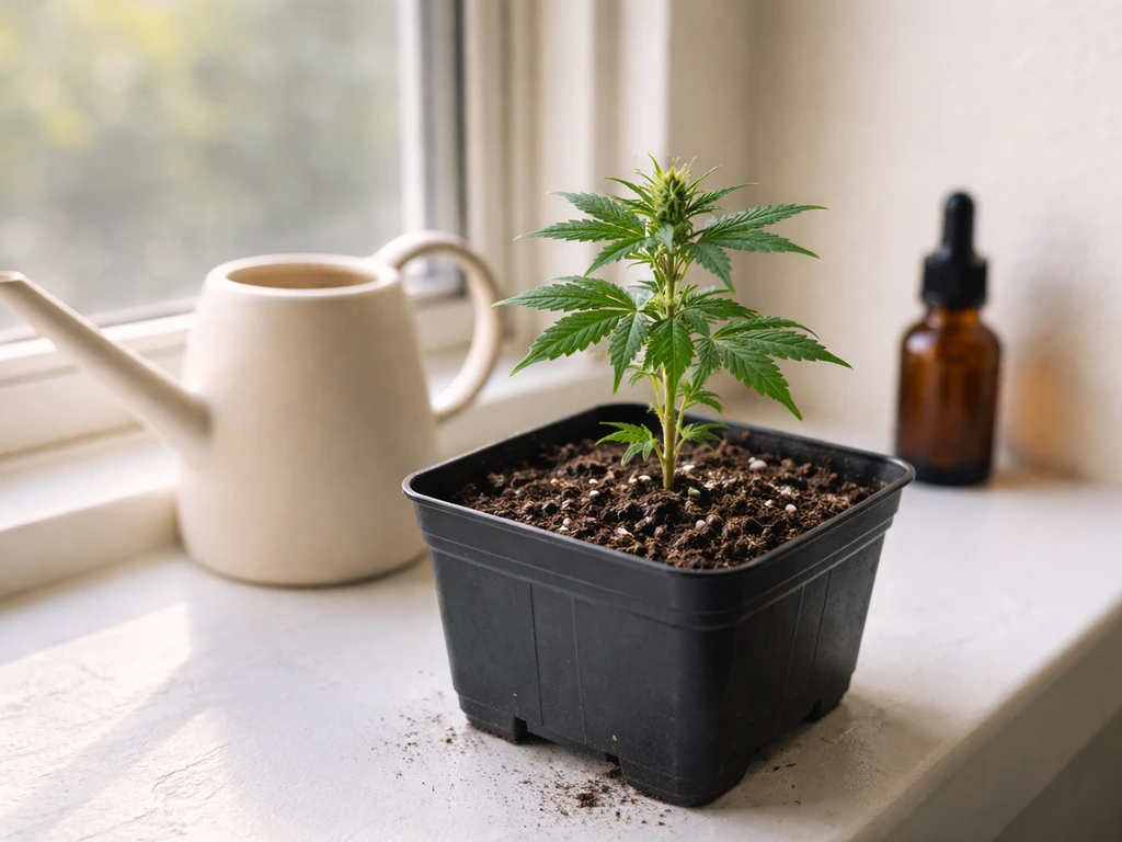 Indoor cannabis seedling on a windowsill with a small watering can and simple soil tray