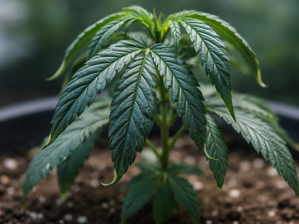 Close-up of plant leaves showing dark blue-green color with curled, clawed leaf tips from nitrogen excess