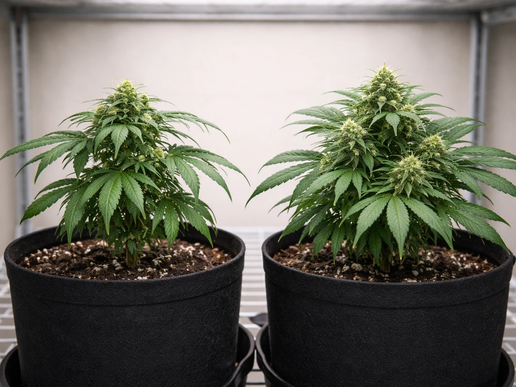 Potted flowering plant with stalled early buds next to healthier buds after improved feeding, natural light.