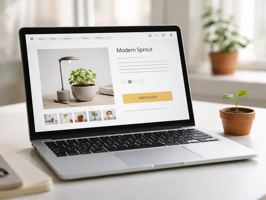 Minimal desk scene with a laptop showing a generic grow kit product page and a small sprout plant beside it.