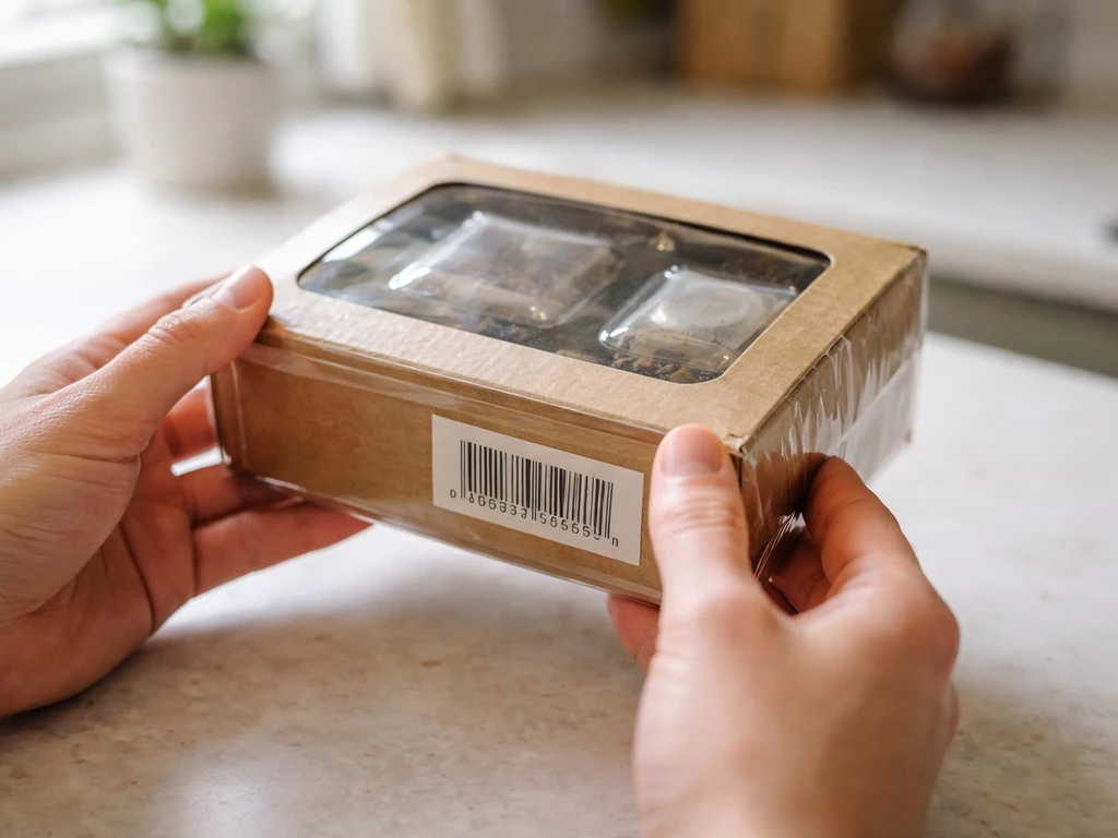Hands inspect a sealed grow kit box label and packaging details on a kitchen counter.