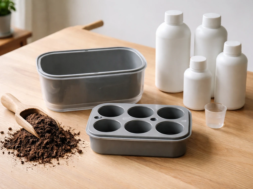 Soil-based grow kit components on a table next to unbranded nutrient bottles and potting mix.