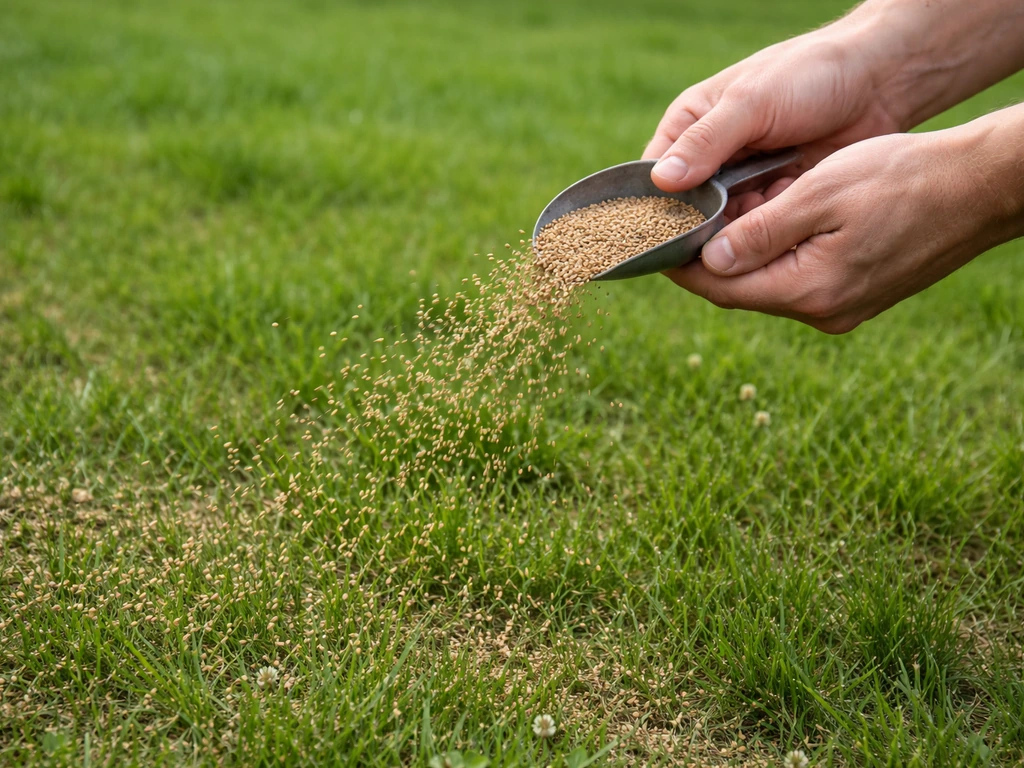 Person broadcasting clover seed over an existing lawn, scattered seeds visible on the ground.