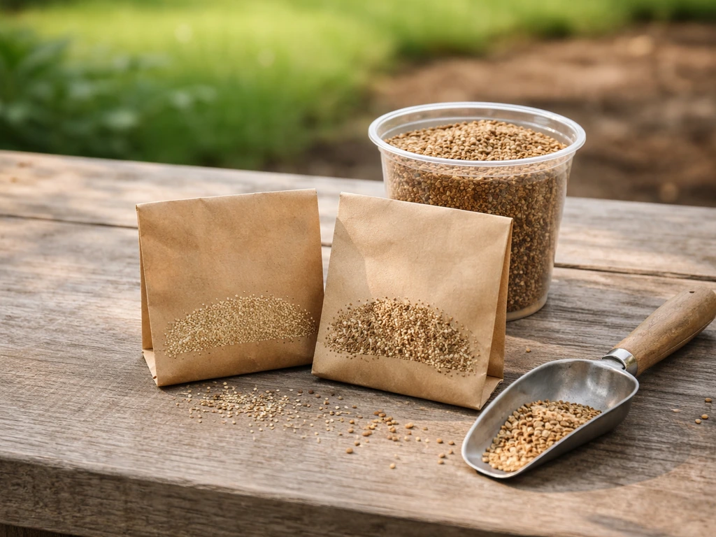 Close-up of clover seed packets and clover seeds on a garden bench, showing different seed types.