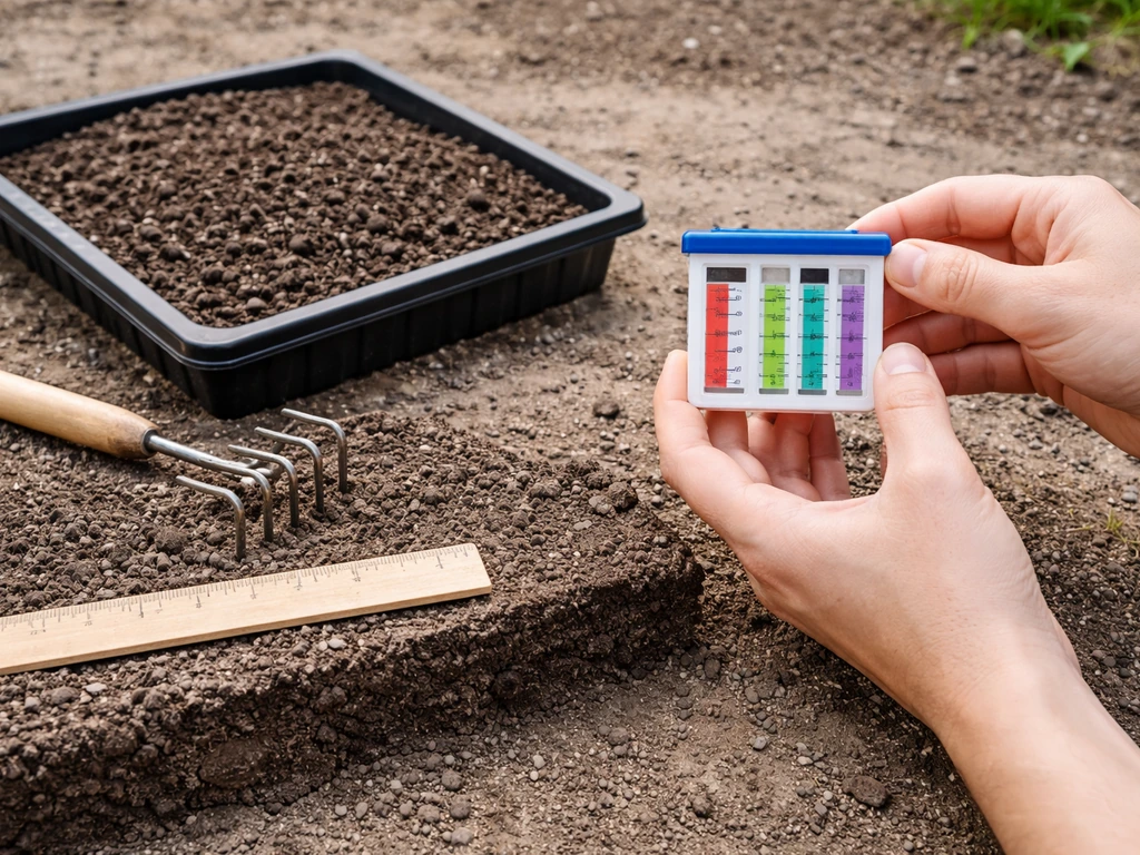 Hands holding a soil test kit beside compacted-soil indicator and light-rake minimal disturbance setup