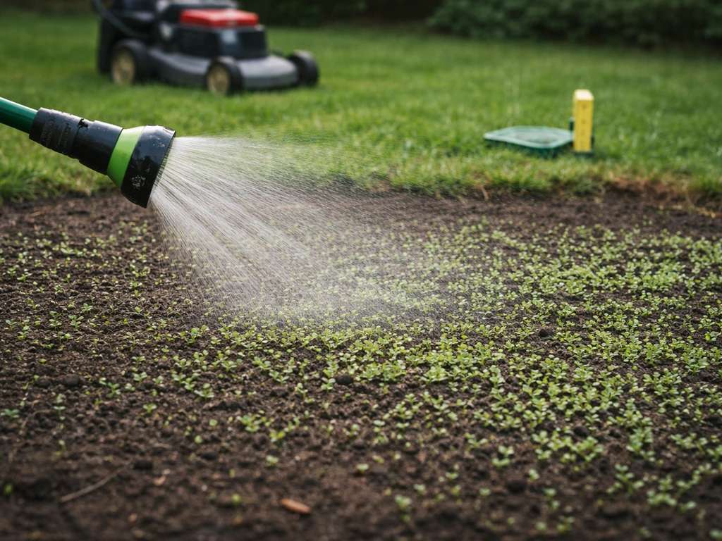 Garden lawn clover bed being lightly watered with a misting hose, with a mower and height gauge waiting nearby.