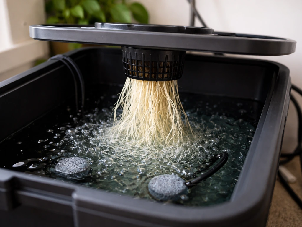 Clean DWC reservoir with suspended white roots and bubbling air stones in a tidy grow setup.