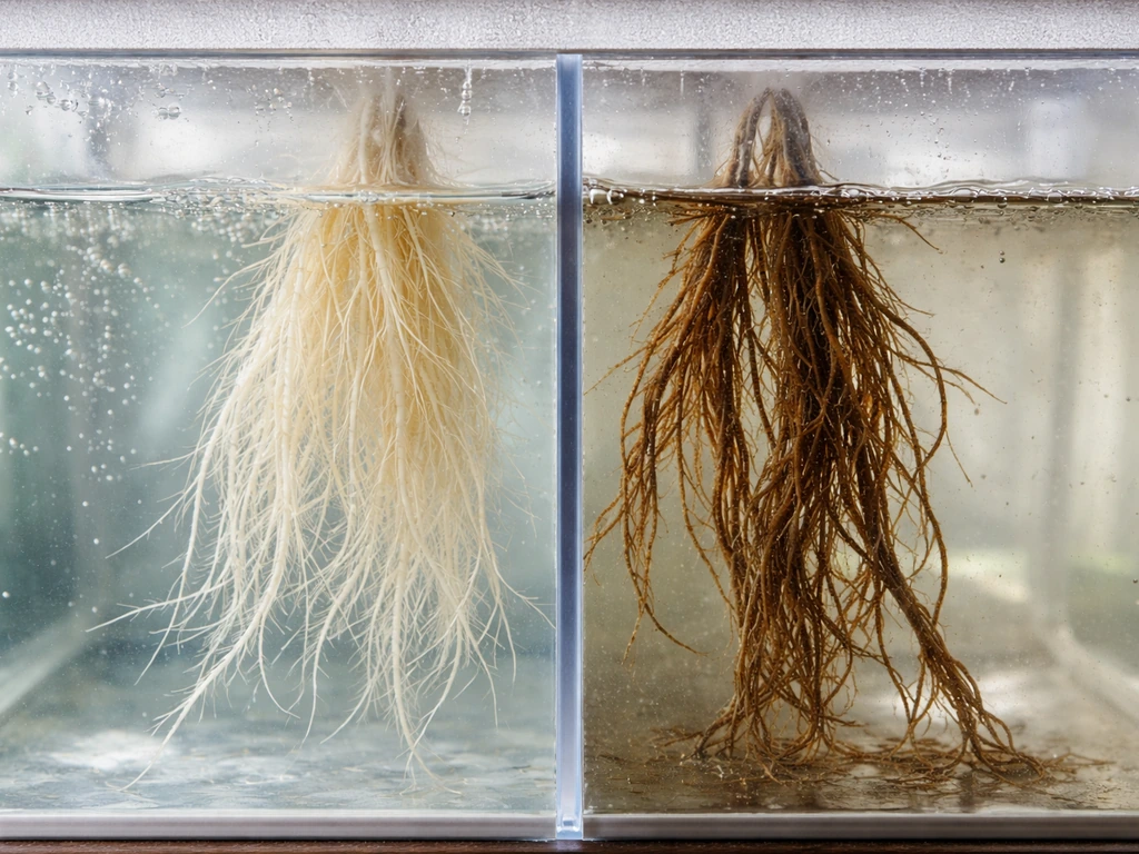 Clear hydroponics tank showing healthy white roots in oxygenated water versus brown stressed roots.
