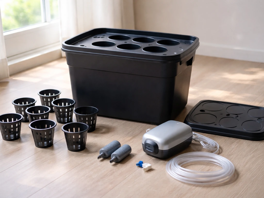 Beginner DWC setup equipment laid out: lightproof reservoir, net pots, lid, air pump, air stones, tubing.