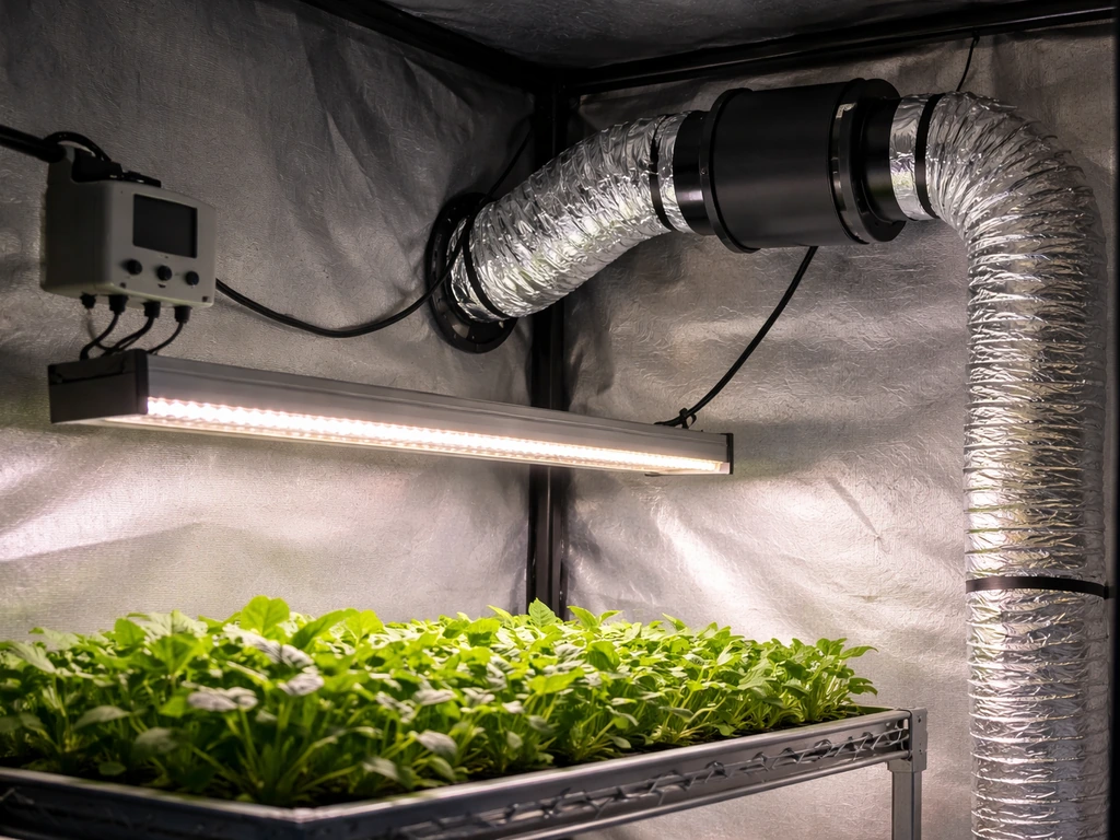 LED grow bar above a small rack with visible inline fan ducting connected to a grow tent.
