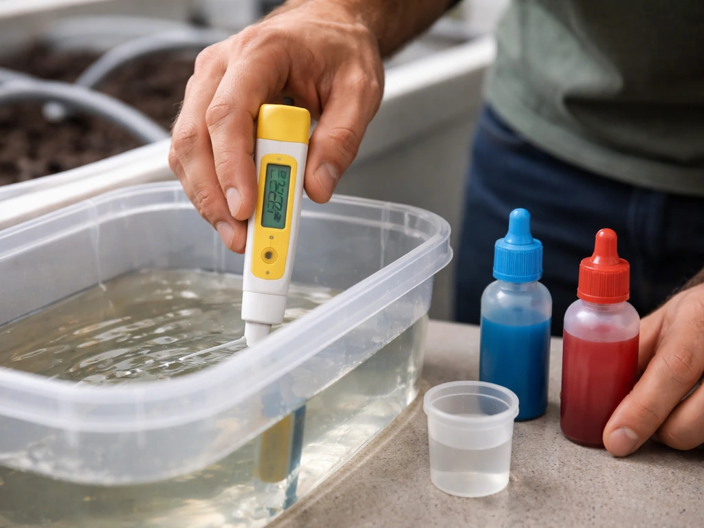 Hands measuring pH in nutrient solution with a pH pen, calibration cup and adjustment bottles nearby.