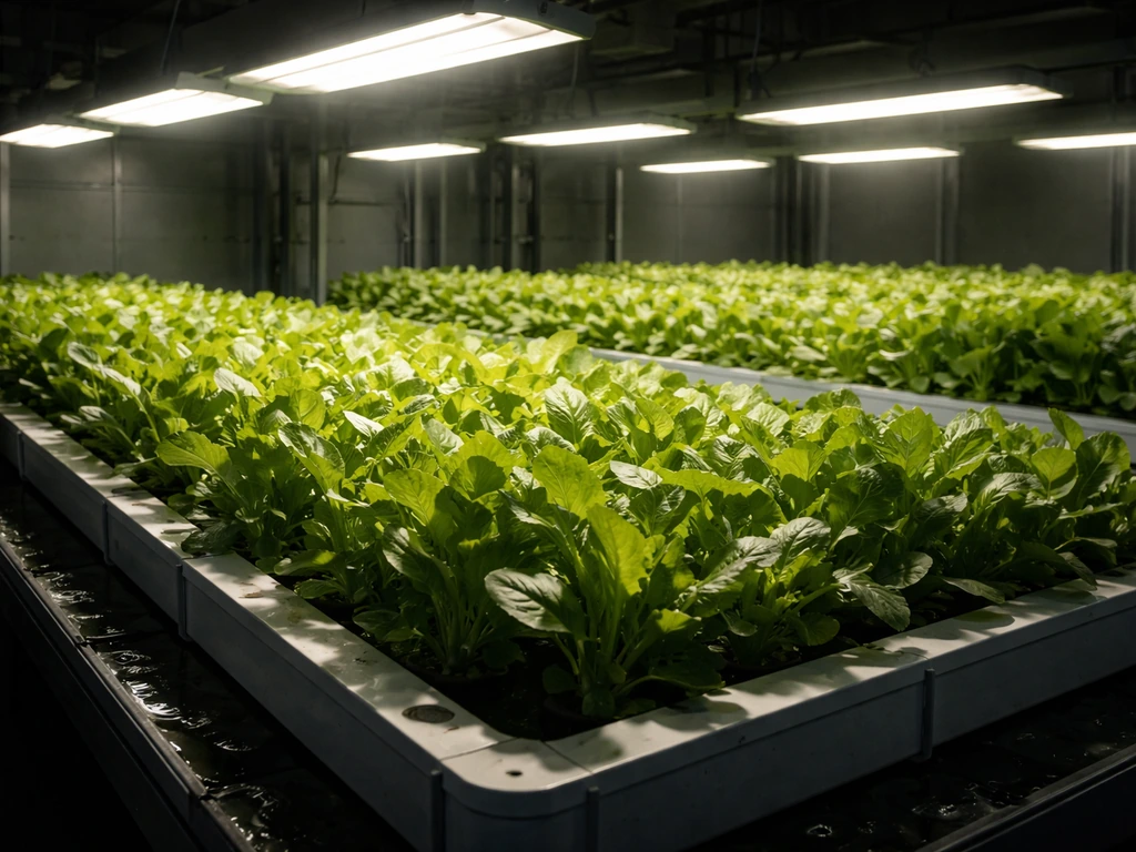 Dramatic hydroponics grow room with illuminated basins and lush crops under bright sun lamps