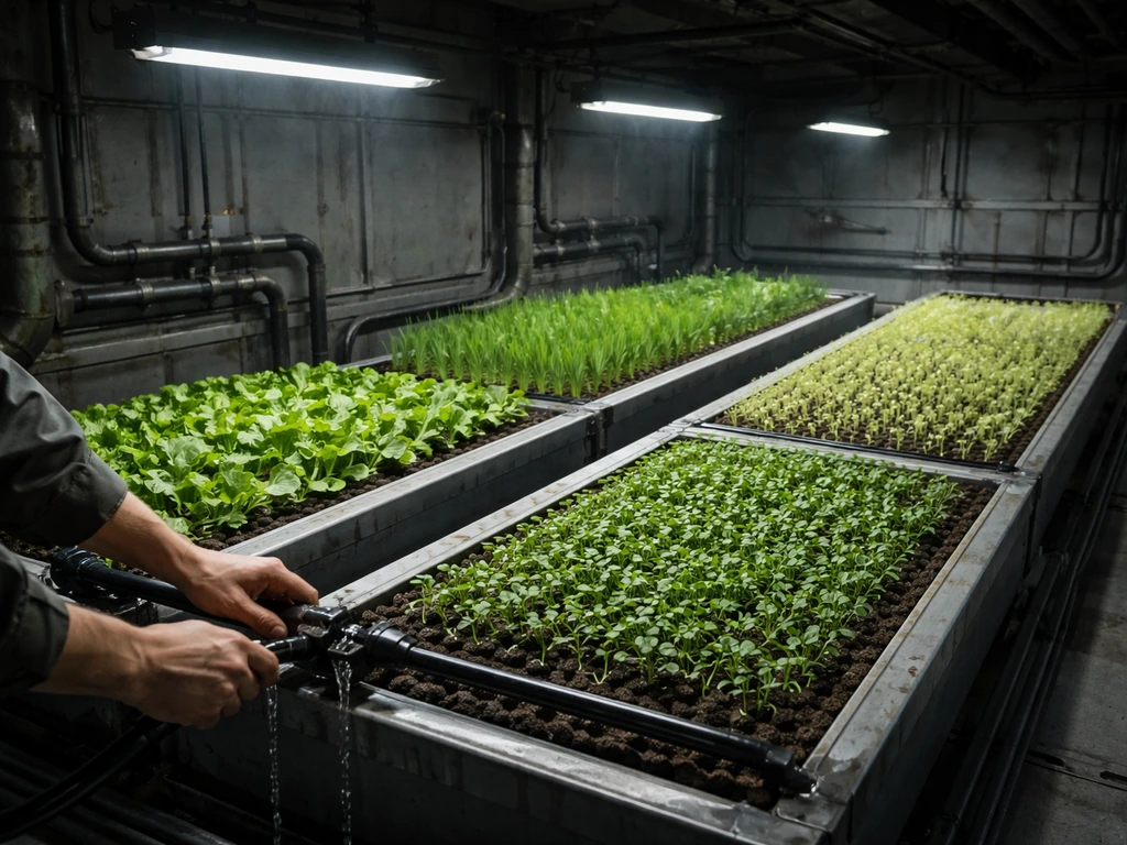 Minimal hydroponics room in RimWorld style, multiple crop bays side-by-side with plants under pipes.