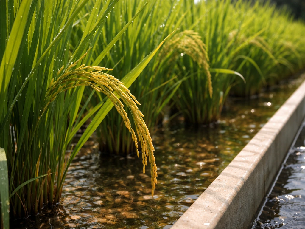 Close-up of hydroponic rice growing in shallow water, ripe heads near the camera, ready to harvest.