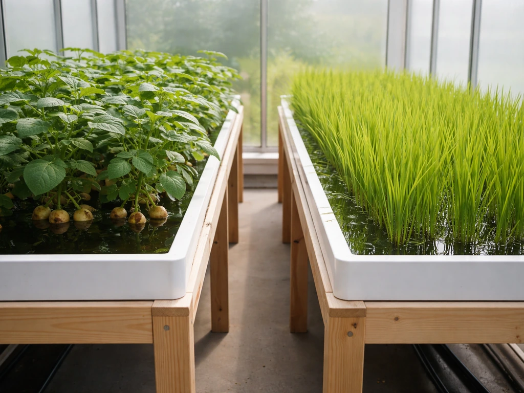 Two simple hydroponic benches showing potato plants and rice seedlings in separate basins.